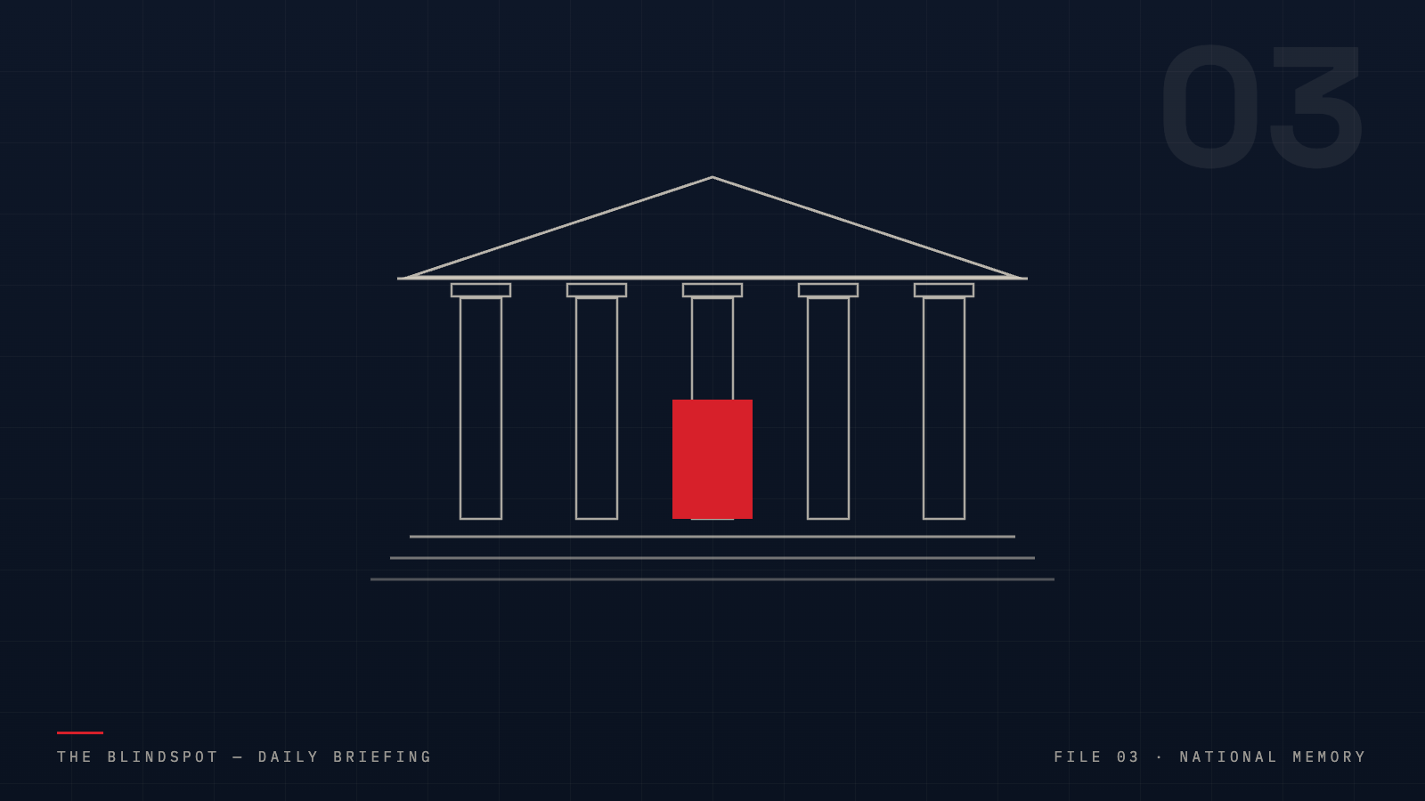 Line drawing of a classical museum facade with a red banner hung at its center
