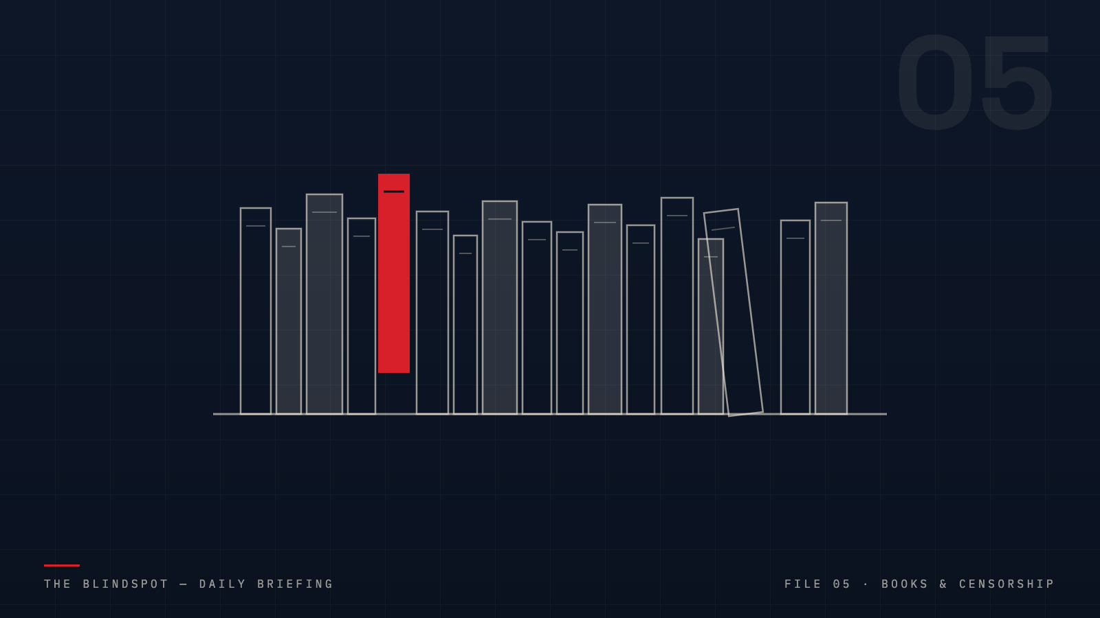 Row of outlined book spines on a shelf with one red book pulled out, leaving a gap